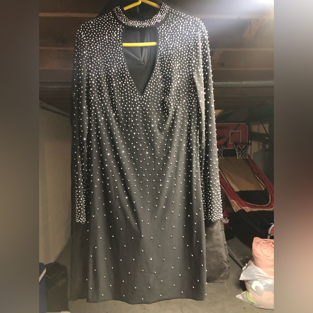 Size large rhinestone black mini dress custom made never worn